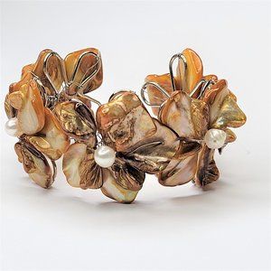 Orange Adjustable Cuff Bracelet with with Dyed Shell Petals & Pearls Bangle
